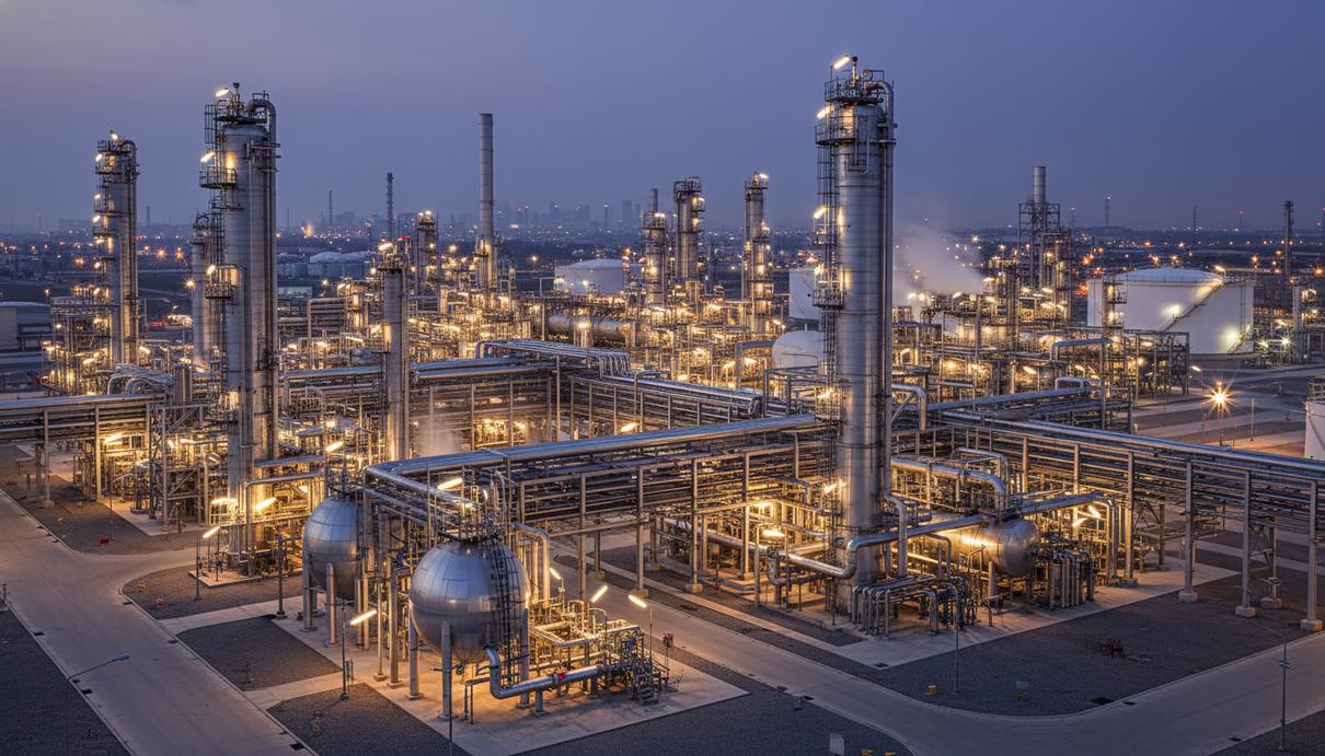 Высокотехнологичный промышленный комплекс с сетью стальных трубопроводов и производственных колонн.