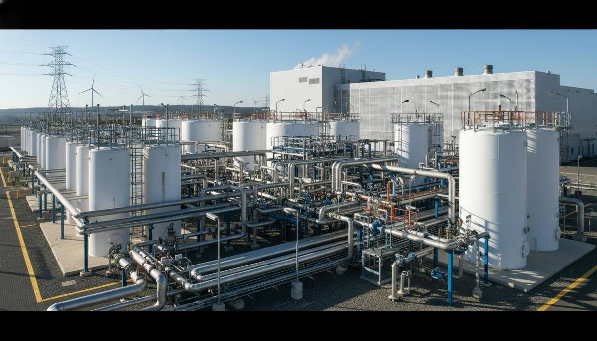 Промышленная станция электролиза с белыми резервуарами и системой трубопроводов под открытым небом.