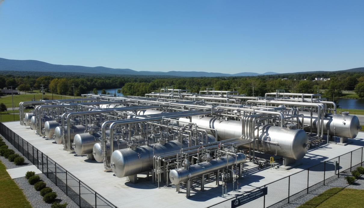 Промышленные стальные резервуары для хранения газа и распределительные узлы на фоне ясного неба.