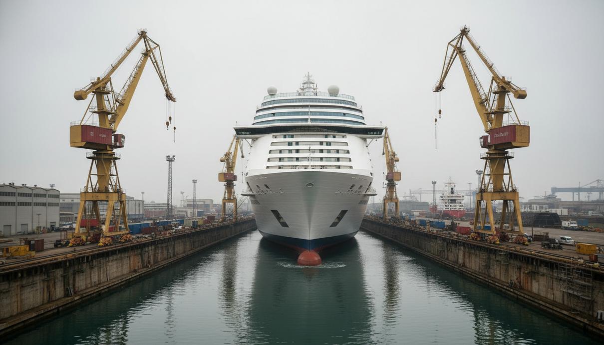 Современный круизный лайнер в сухом строительном доке во время заполнения его водой