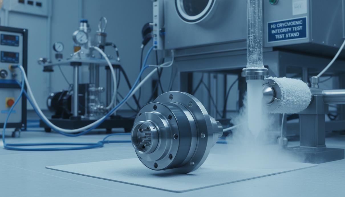 Промышленный керамический герморазъем для водородных систем на фоне лабораторного оборудования