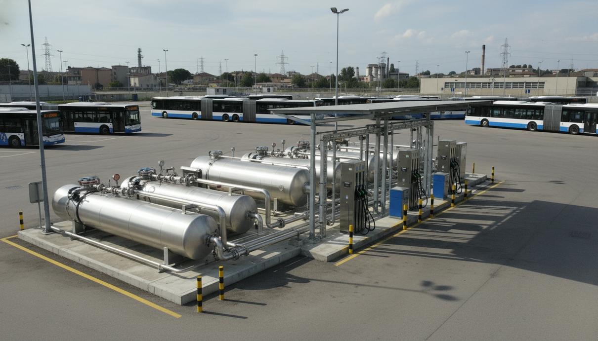 Водородная заправочная станция с промышленными резервуарами и колонками в автобусном депо