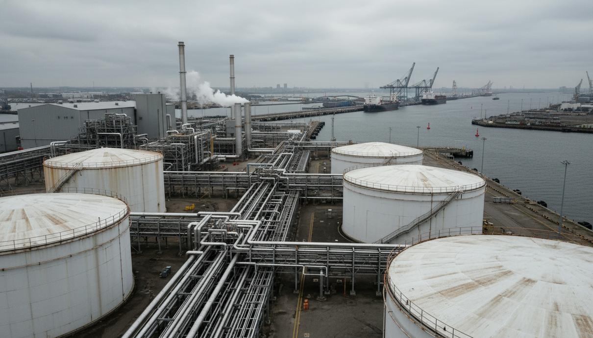 Промышленный терминал с резервуарами и сетью трубопроводов для хранения топлива в морском порту