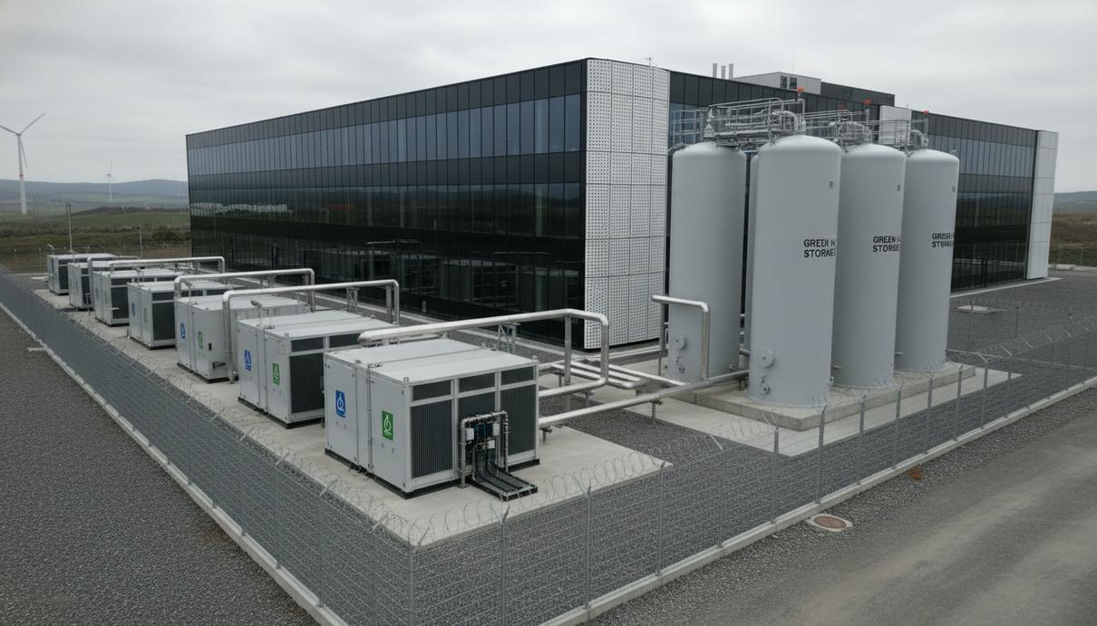 Промышленные водородные резервуары и модульные энергоблоки на территории современного дата-центра.