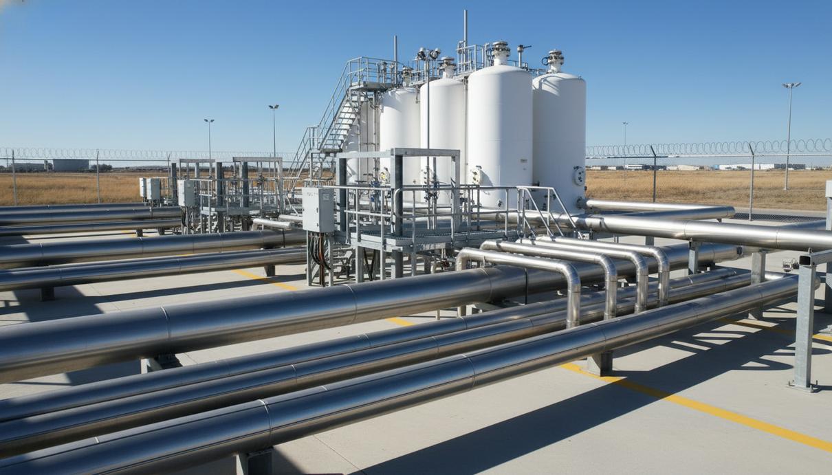 Крупная промышленная станция электролиза со стальными резервуарами и сложной системой труб на открытом воздухе