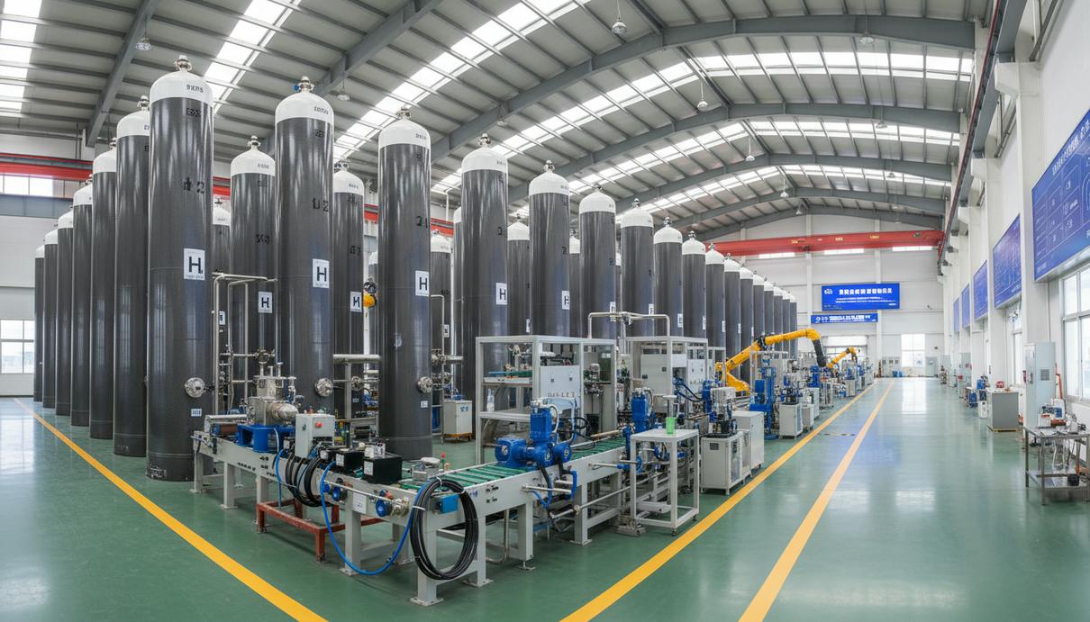 Промышленный цех по производству водородного оборудования с баллонами высокого давления и автоматикой