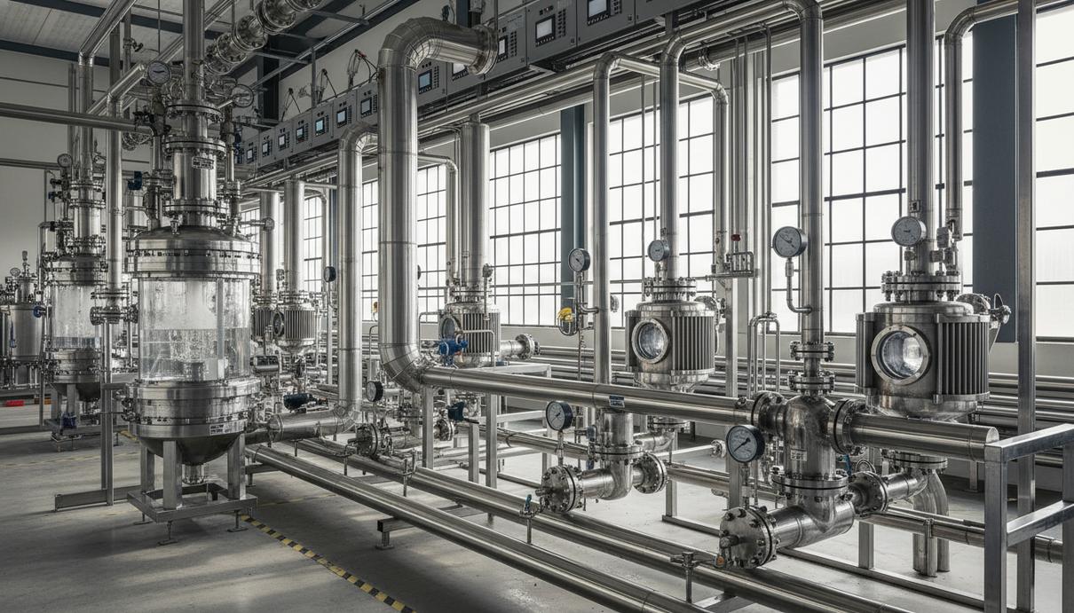 Интерьер промышленной лаборатории со сложной системой стальных труб и реакторных установок.
