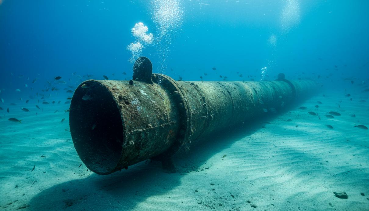 Массивный стальной трубопровод на песчаном морском дне в глубокой прозрачной воде