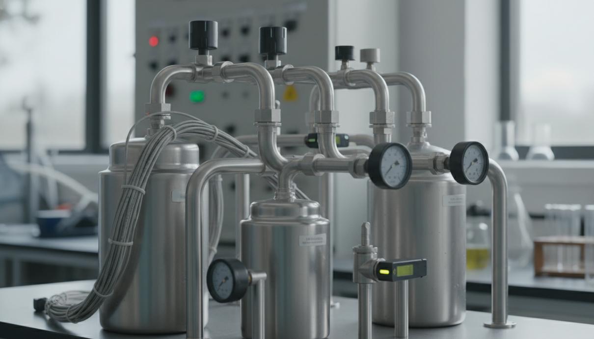 Промышленный блок свинцово-кислотного электролизера с металлическими трубками и датчиками в лаборатории