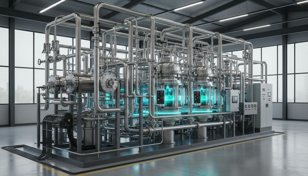 Промышленная установка безмембранного электролиза с системой стальных труб и датчиков в заводском цехе