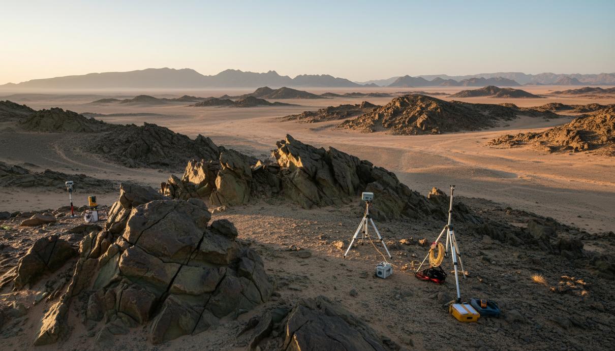Каменистая пустыня в Омане с темными горными породами и научным оборудованием на поверхности земли