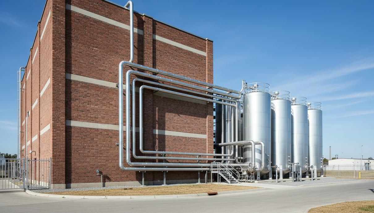 Промышленные корпуса кирпичного завода с узлами газораспределительной системы и стальными резервуарами