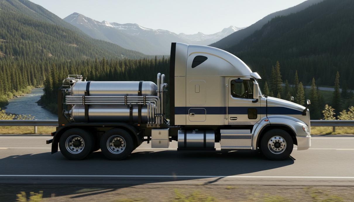 Тяжелый современный грузовик на трассе с установленными за кабиной баками для водородного топлива.