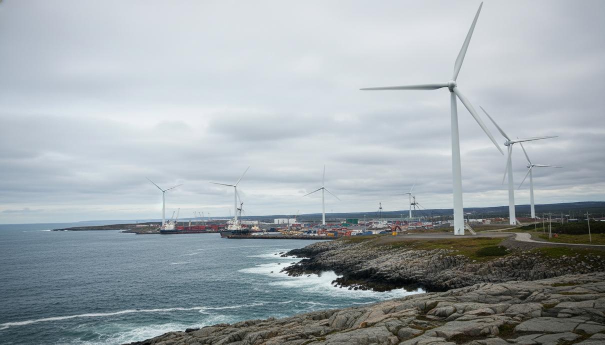 Белые ветряные турбины на скалистом берегу на фоне индустриального порта под пасмурным небом.