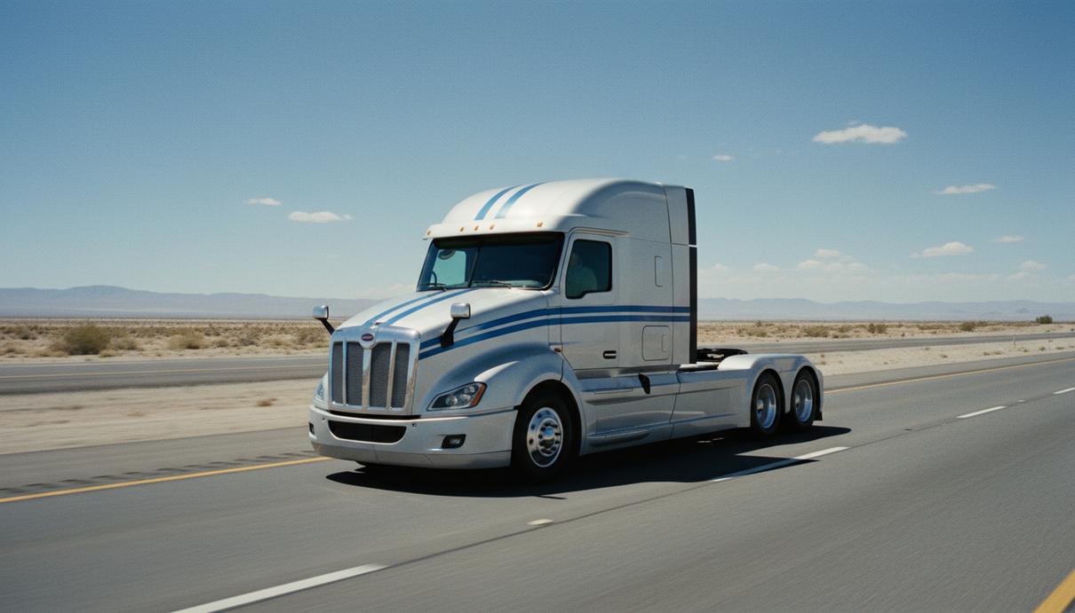 Современный магистральный тягач движется по скоростной трассе на фоне ясного неба и дорожных ограждений