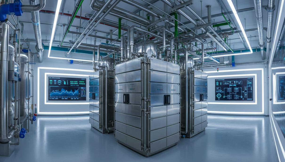 Промышленная установка для получения водорода с трубами из нержавеющей стали в светлом помещении.