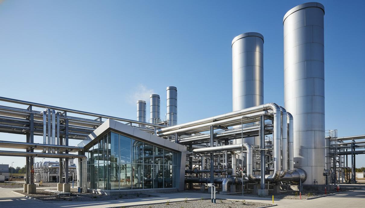 Plug Power: генеральный директор представит план развития водородного бизнеса Промышленные серебристые трубопроводы и резервуары для хранения водорода на фоне ясного неба