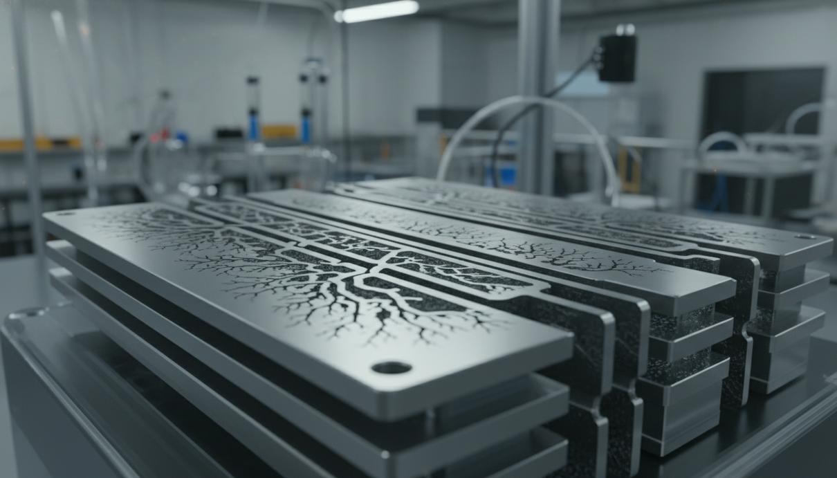 Макросъемка внутренней структуры водородного топливного элемента с микроскопическими каналами на металлических пластинах