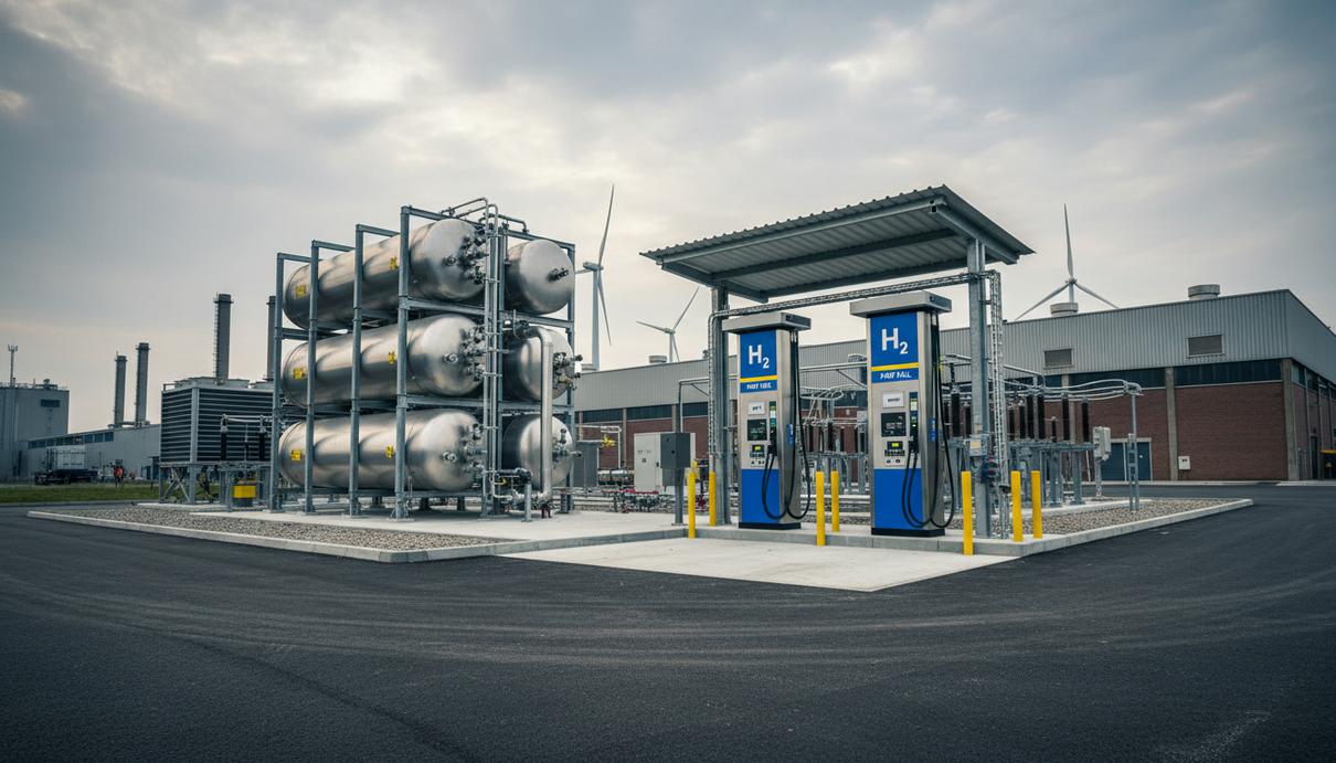 Atawey поставит три водородные заправочные станции в Бельгию Водородная заправочная станция с металлическими резервуарами и заправочными колонками в промышленной зоне.