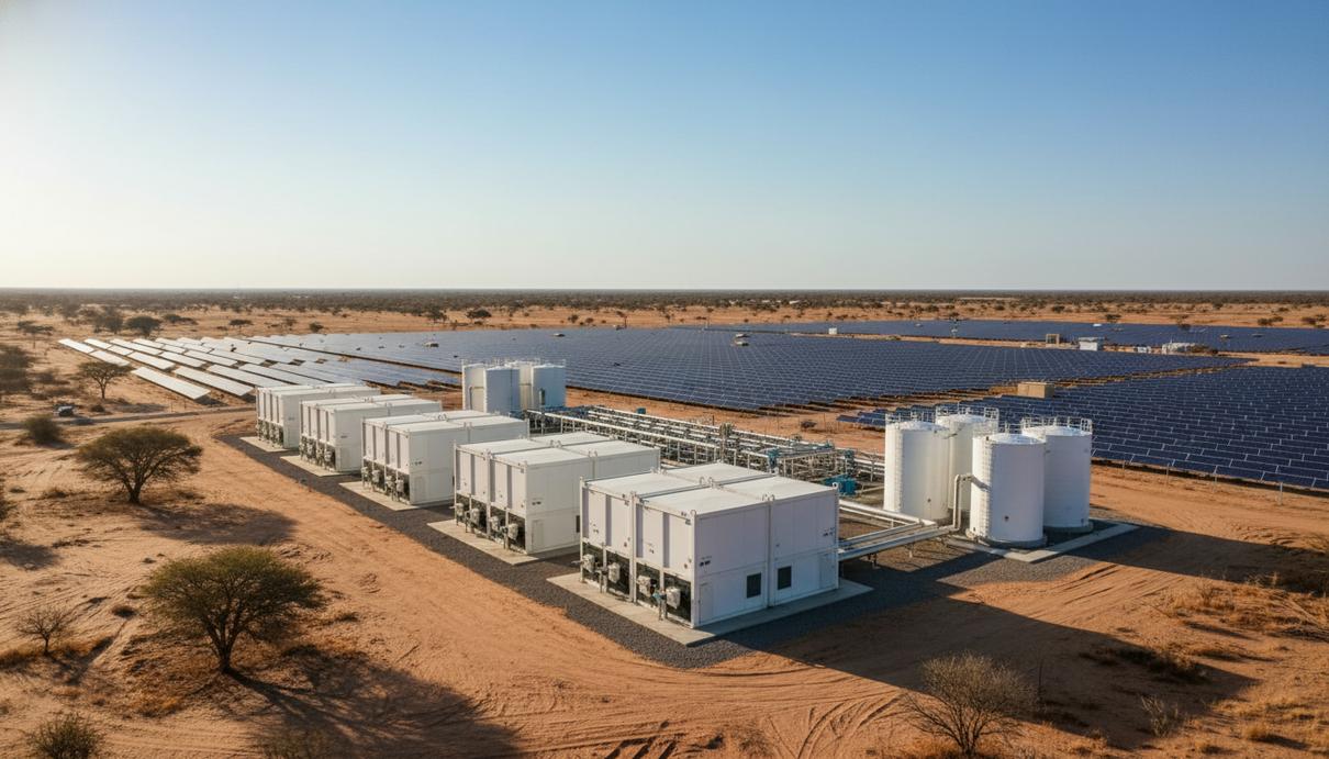 Поддержка водорода в Африке: банк развития объявил сбор заявок на 20 млн долларов Завод по производству водорода с белыми цистернами и солнечными панелями в африканской саванне
