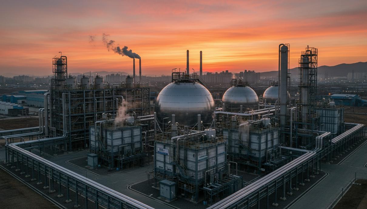 Промышленная установка для переработки аммиака в водород с трубопроводами и резервуарами на фоне завода.