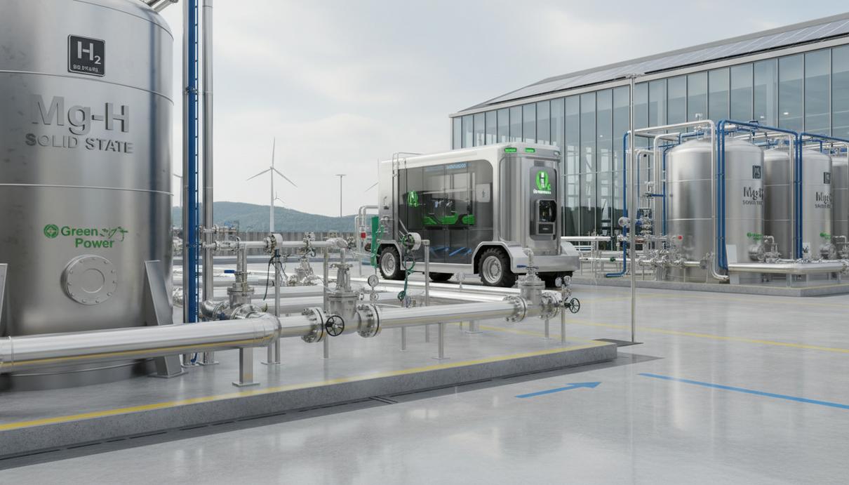 Промышленные системы хранения водорода и мобильный заправочный комплекс на технологической площадке.