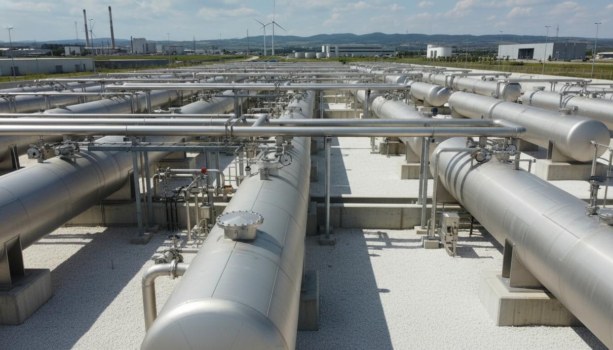 Ряды стальных баллонов высокого давления и система труб на современной водородной станции.