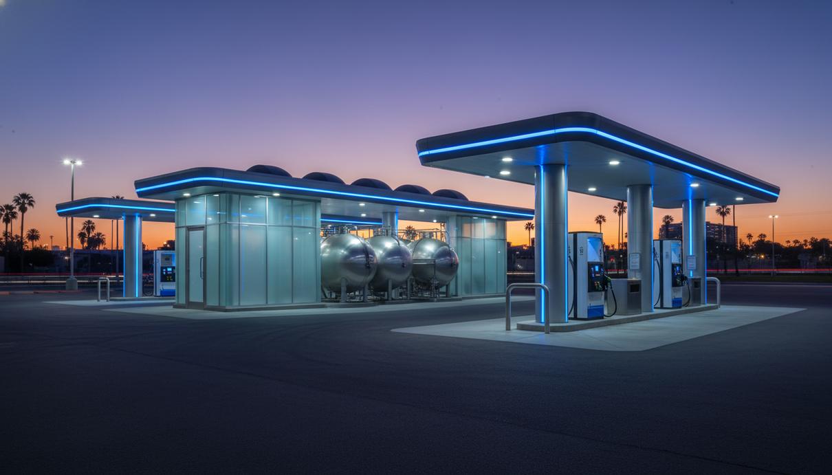 Современная водородная заправочная станция с синей подсветкой и топливными колонками на фоне резервуаров.