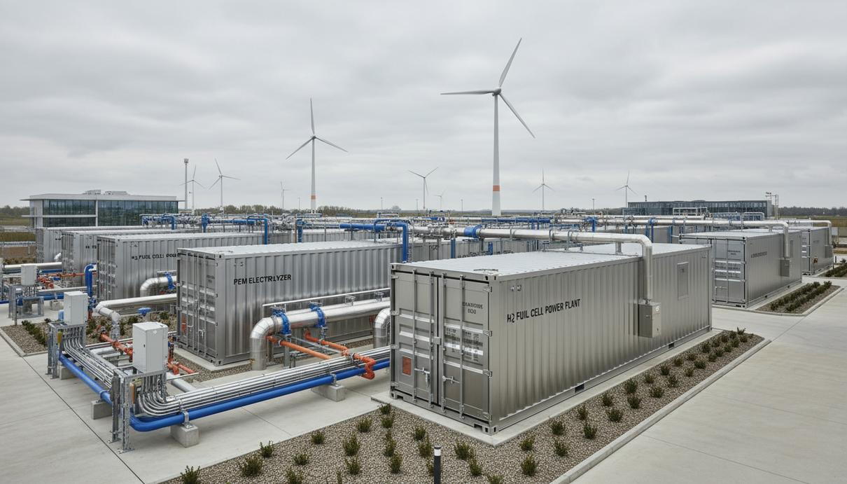 Серебристые промышленные контейнеры водородной станции и оборудование на бетонной площадке в Германии.