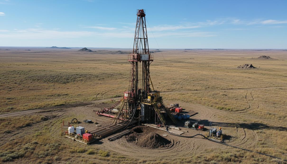Буровая установка и промышленное оборудование для исследования недр в степной местности Монтаны.