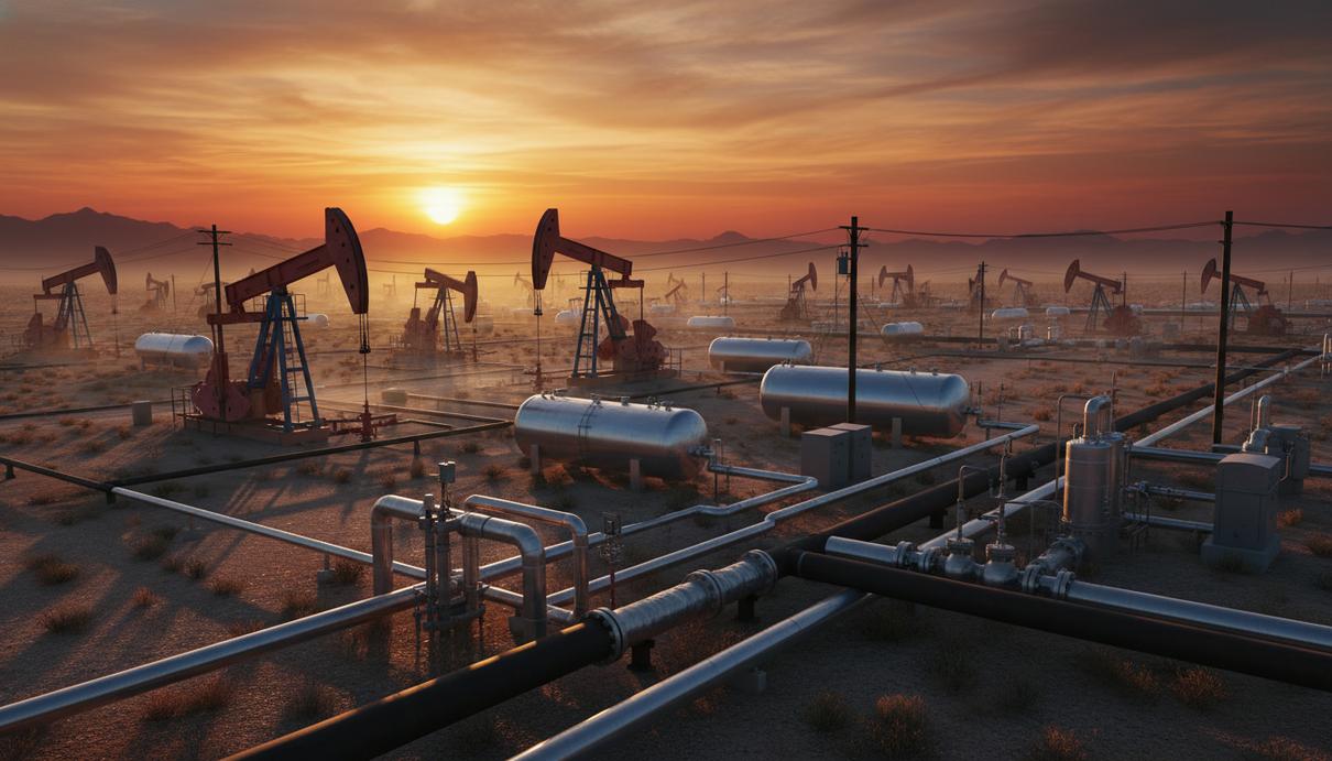 Нефтяное месторождение с насосами-качалками и современной системой труб и резервуаров для водорода