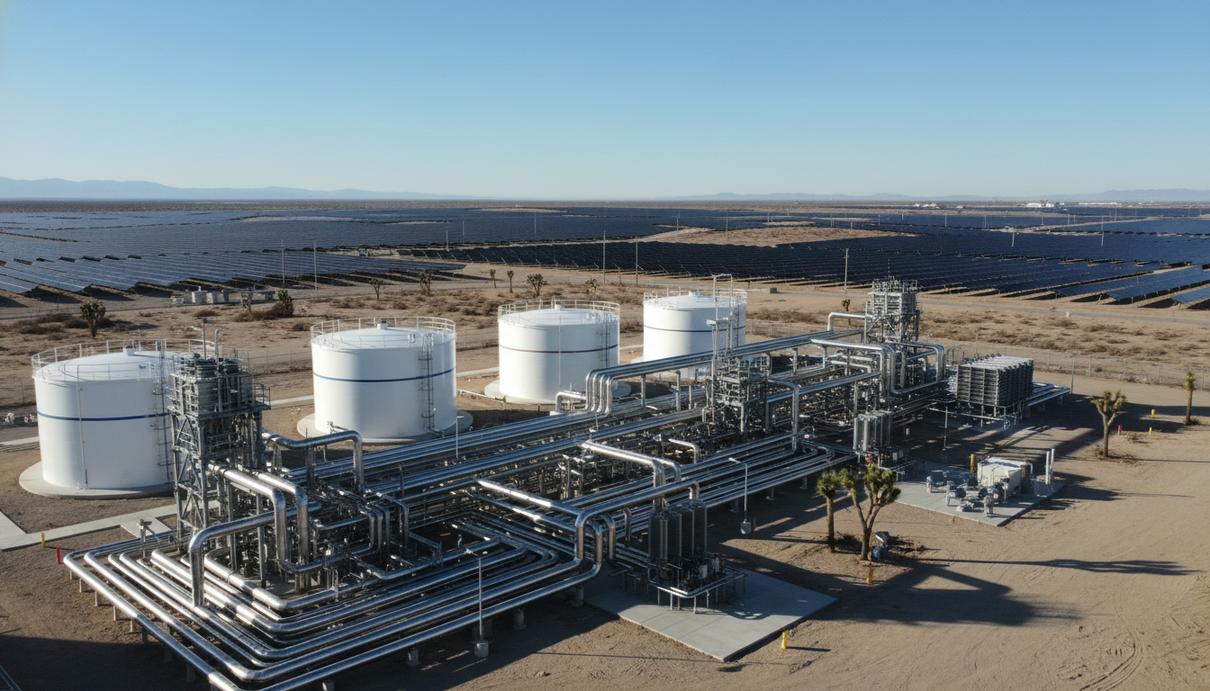 Современный комплекс по производству водорода с солнечными панелями и белыми резервуарами в калифорнийской пустыне