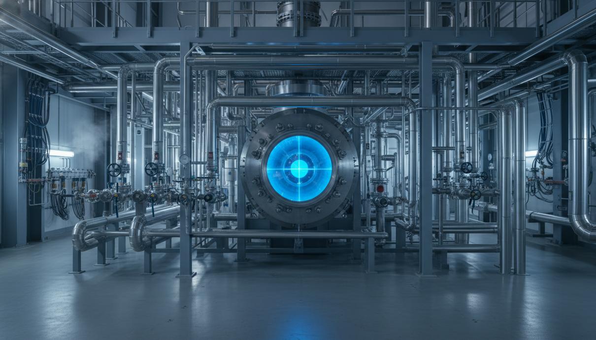 Промышленный цех с сетью стальных труб и реактором, в смотровом окне которого видна синяя плазма.