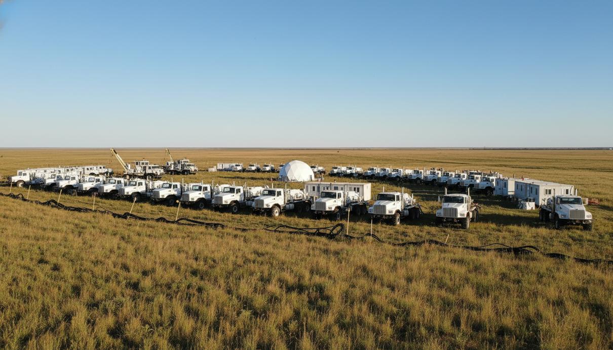 Специализированная техника и белые грузовики для сейсморазведки в полях Саскачевана на фоне ясного неба