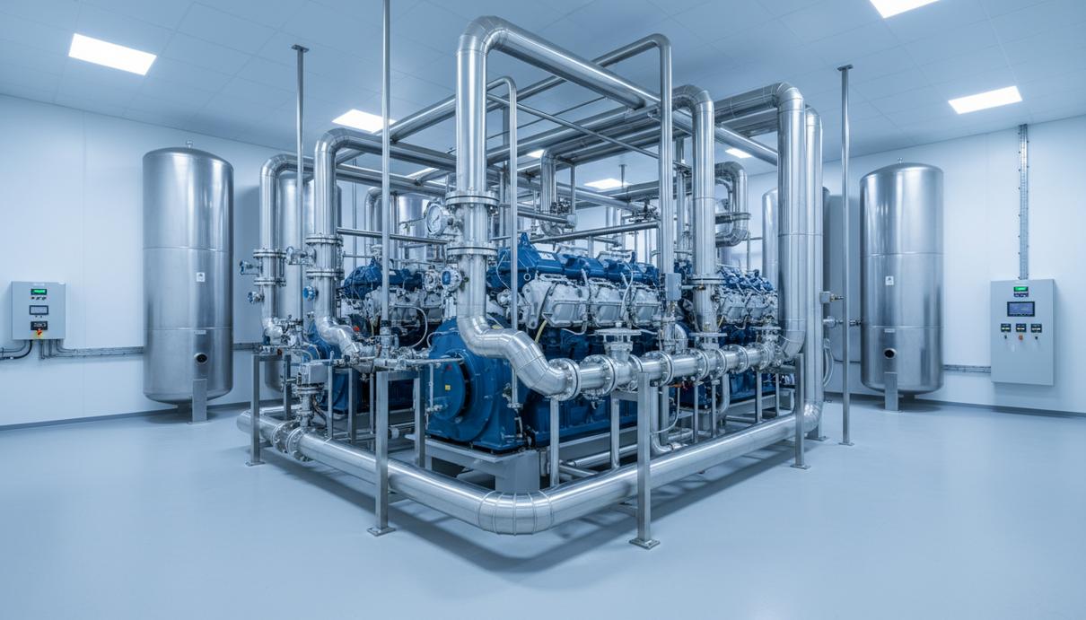 Промышленная газопоршневая установка и система трубопроводов в цехе энергетического предприятия