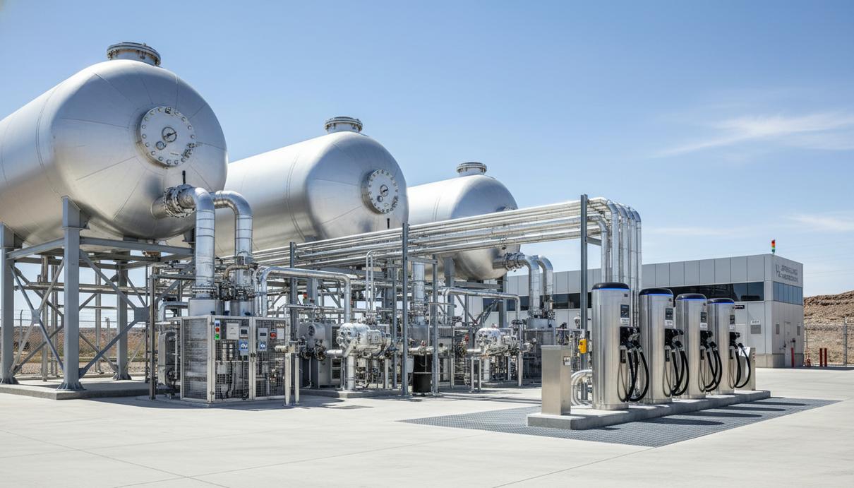 Промышленные резервуары для хранения жидкого водорода и системы трубопроводов на заправочной станции