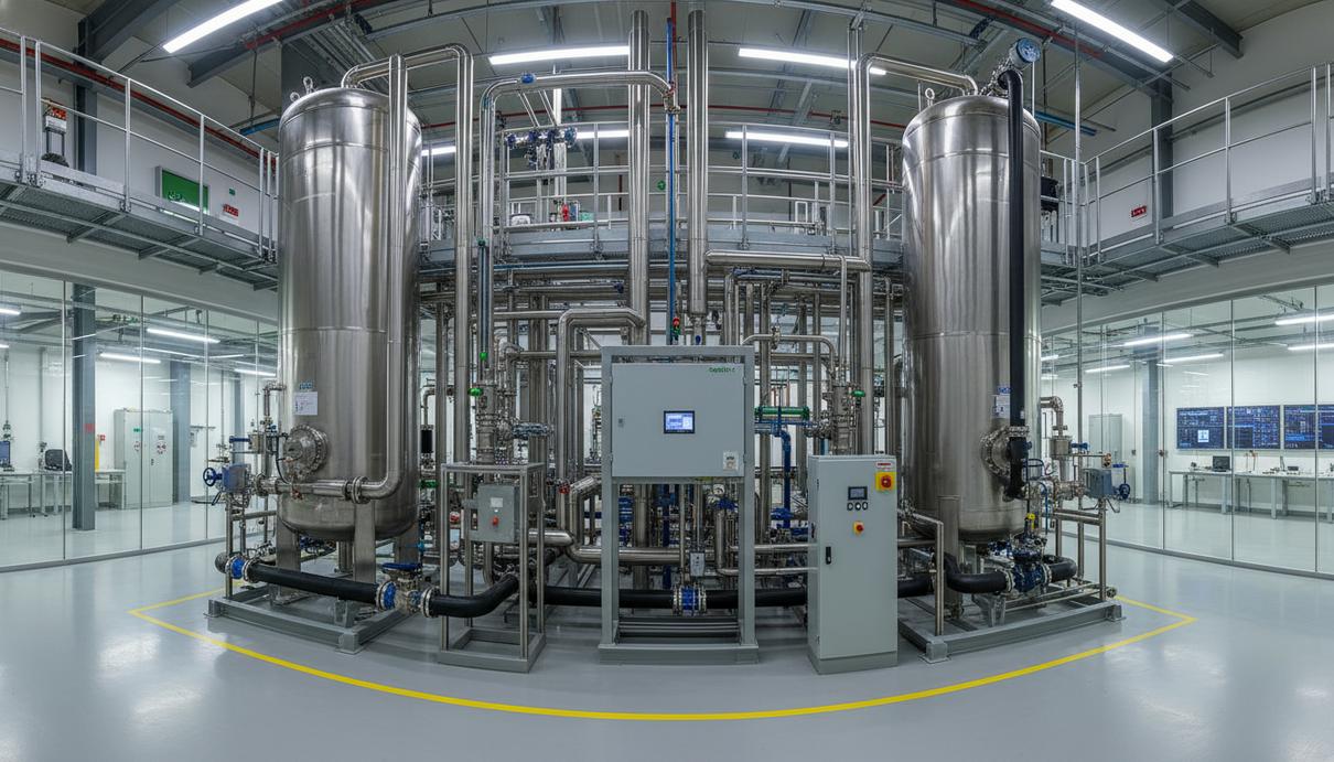 Современная промышленная установка электролизера с металлическими баками и системой трубопроводов