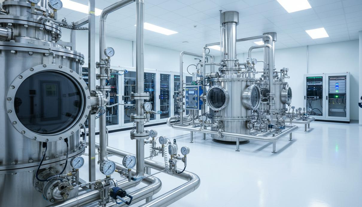 Промышленное оборудование водородной лаборатории со стальными трубопроводами, датчиками и камерами для испытаний