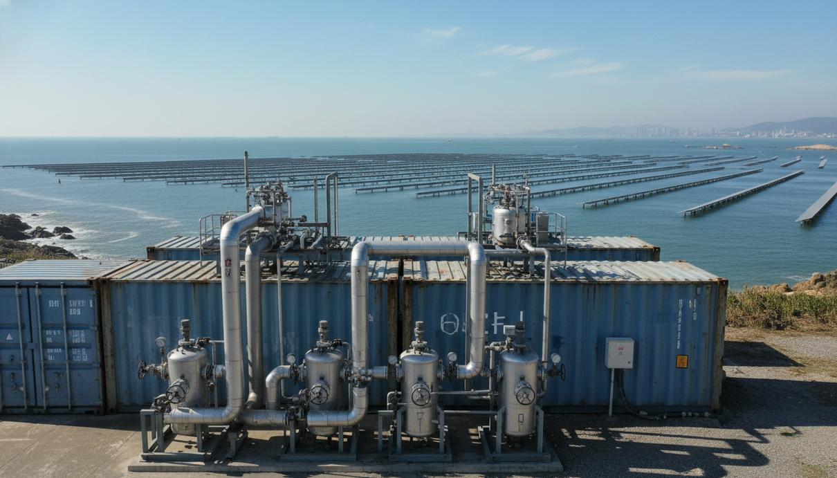 Промышленная установка для электролиза морской воды на фоне прибрежных солнечных панелей в Циндао