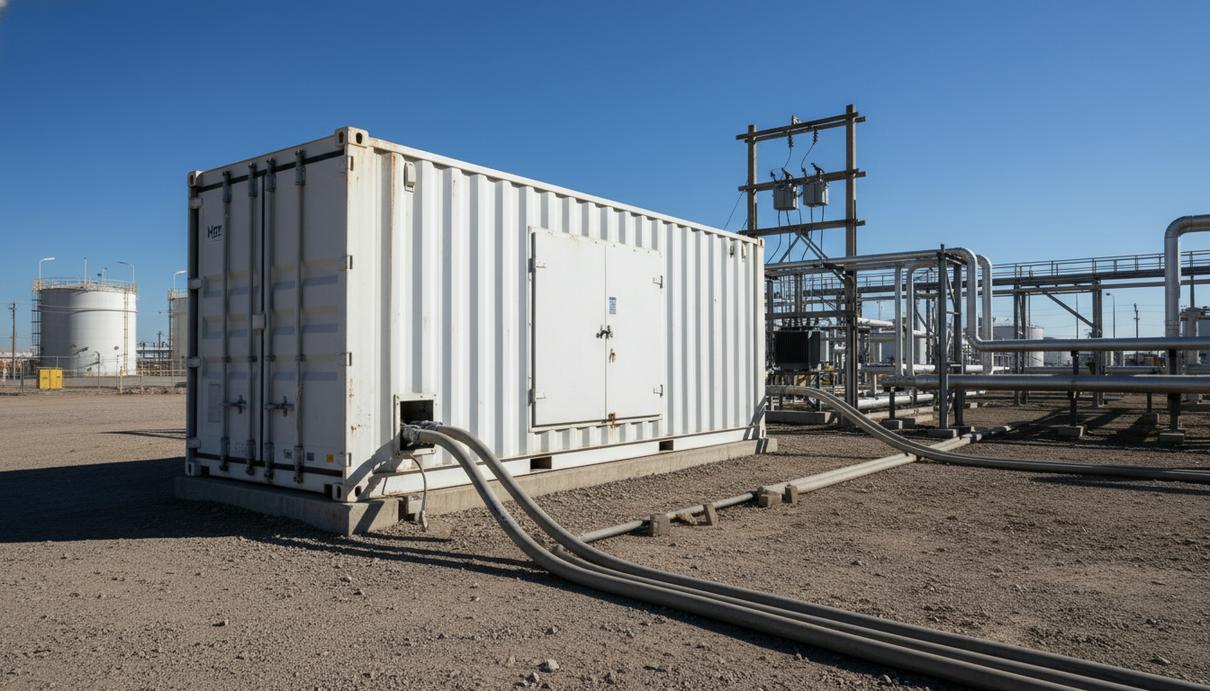 Белый промышленный контейнер с водородной установкой и силовыми кабелями на открытой площадке