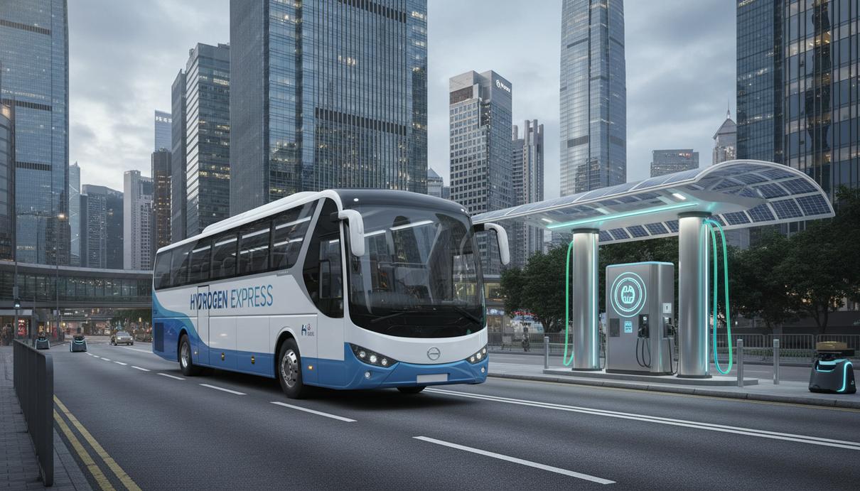 Пассажирский автобус на водородном топливе едет по городской улице на фоне современной архитектуры