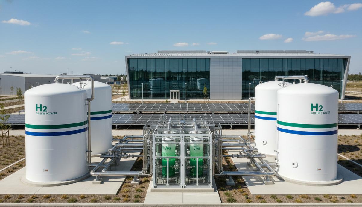 Промышленные резервуары и трубопроводы для хранения водорода на территории современного предприятия