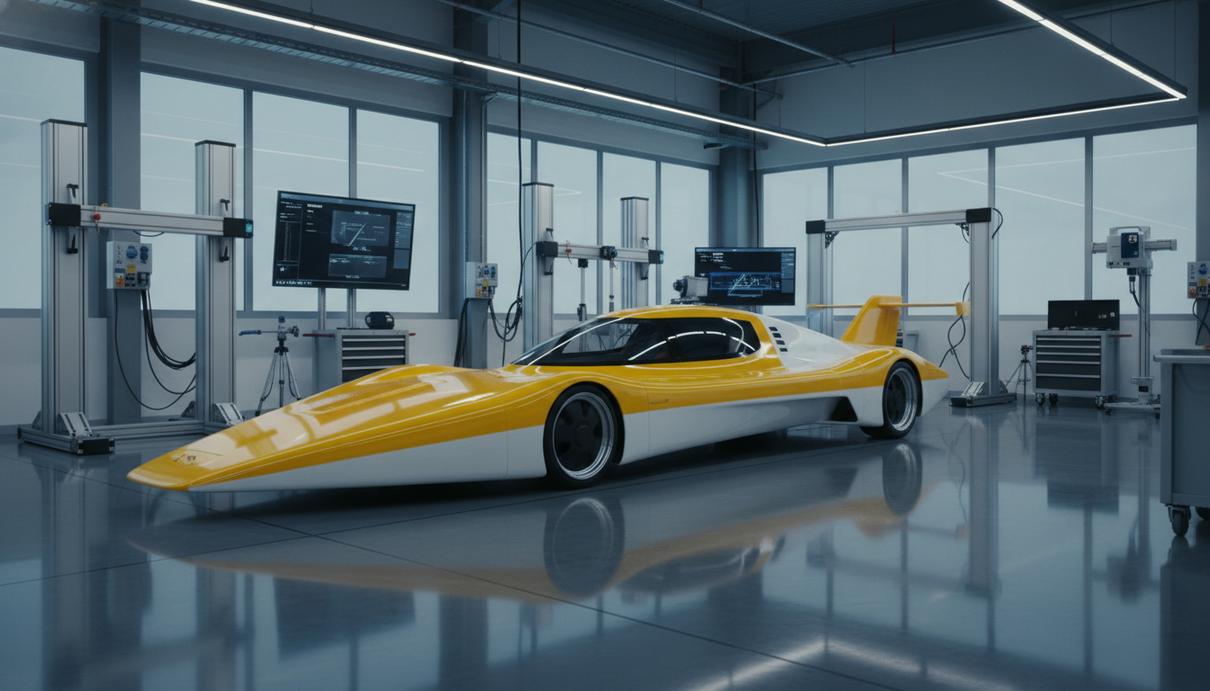 Низкий обтекаемый гоночный автомобиль желтого и белого цветов в просторном техническом зале.